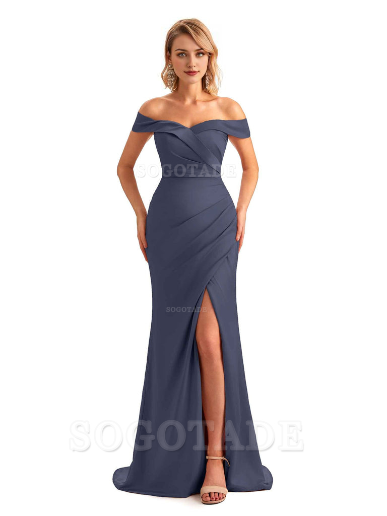 Off Shoulder Side Slit Mermaid Silky Satin Unique Long Formal Wedding Guest Dresses Online