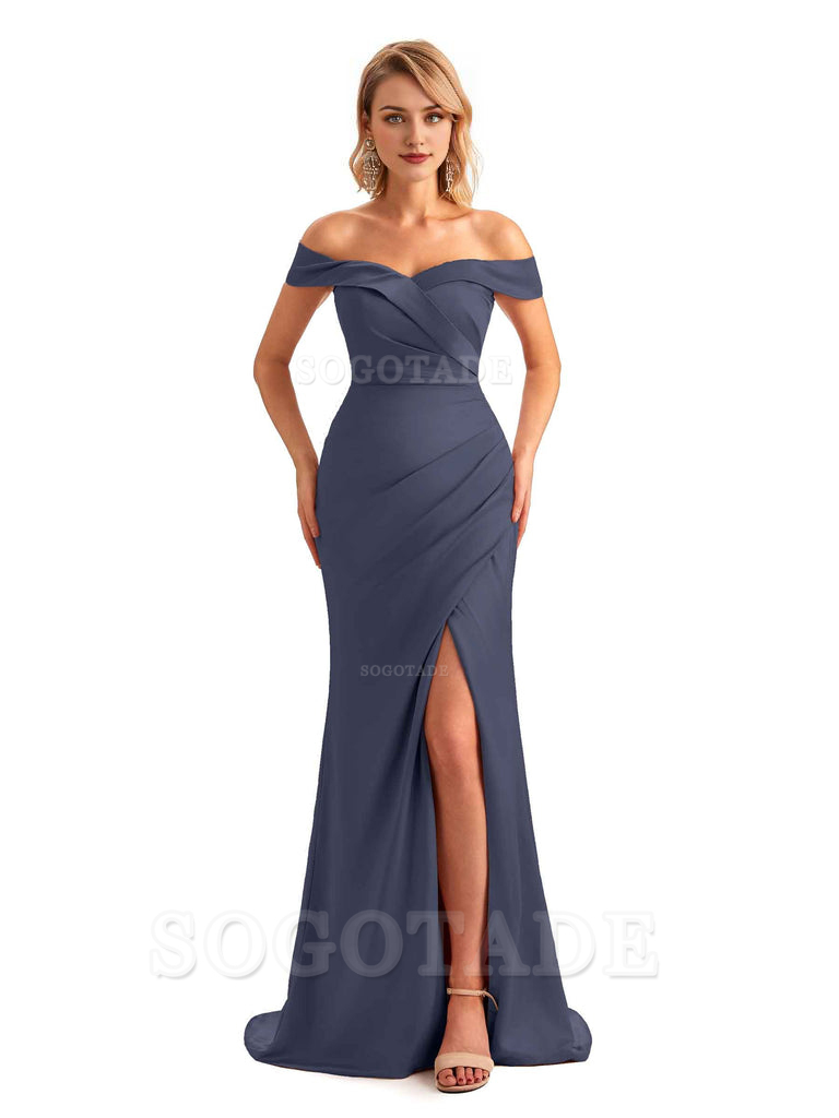 Off Shoulder Side Slit Mermaid Silky Satin Unique Long Formal Wedding Guest Dresses Online