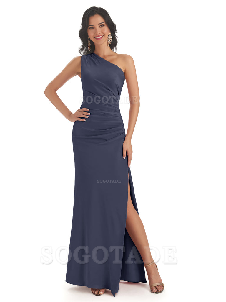Mermaid One Shoulder Satin formal dresses evening gown Bridesmaid Dresses With Side Slit 