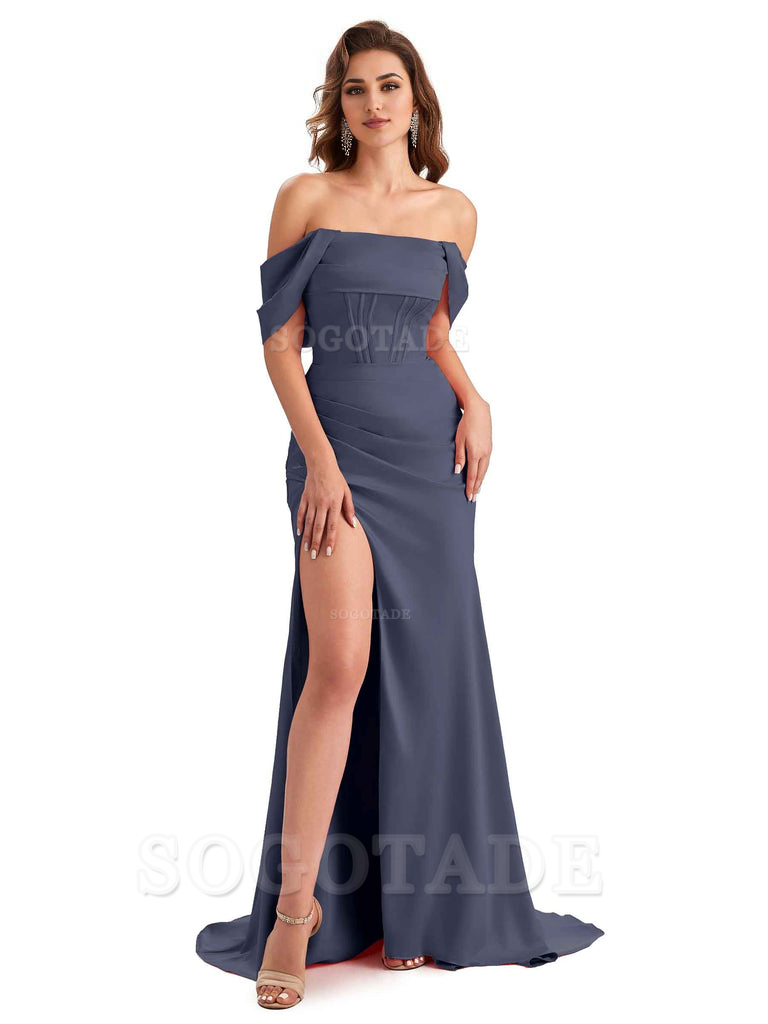 Sexy Side Slit Mermaid Soft Satin Off The Shoulder Unique Long Wedding Attendee Dresses