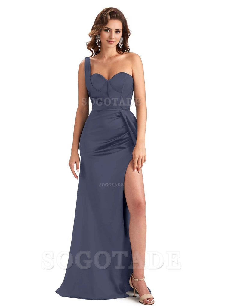 Sexy Mermaid Silky Satin Side Slit One Shoulder Unique Long Wedding Guest Dresses