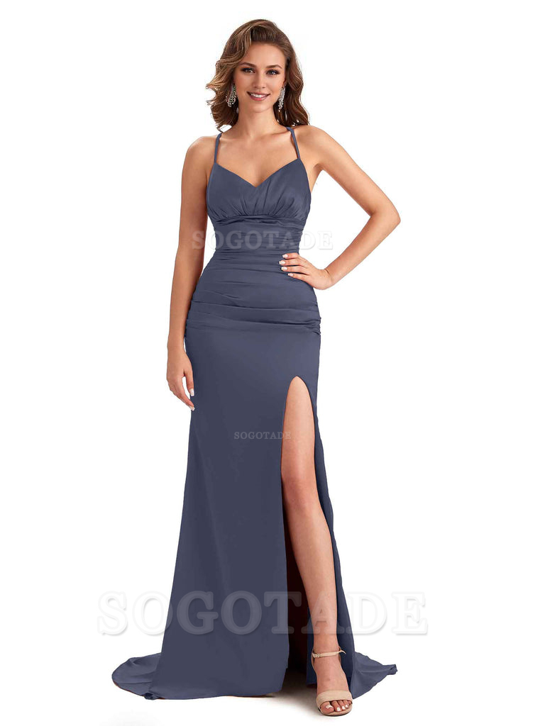 Sexy Mermaid Silky Satin Side Slit One Shoulder Unique Long Wedding Guest Dresses