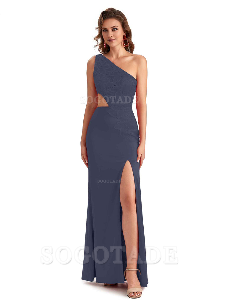 Sexy Side Slit Mermaid Lace Silky Satin One Shoulder Chic Long Bridesmaid Dresses