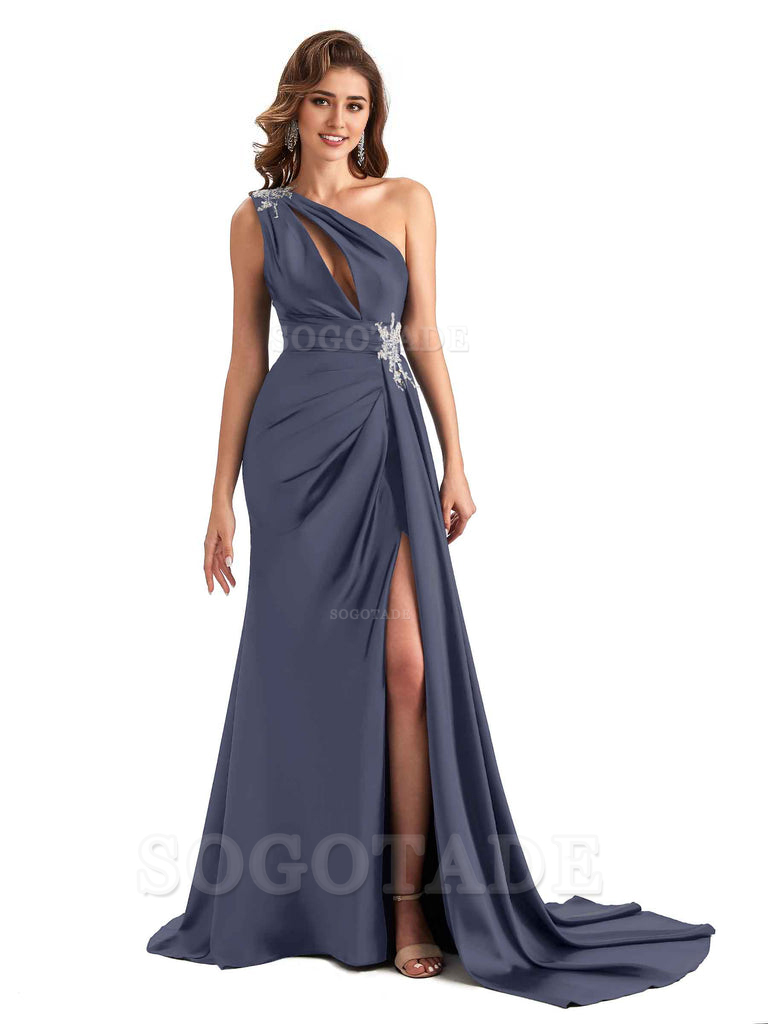 Sexy Side Slit Mermaid Soft Satin One Shoulder Lace Long Modern Bridesmaid Dresses