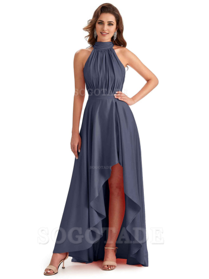 Soft Satin High Neck High Low A-Line Unique Bridesmaid Dresses Online