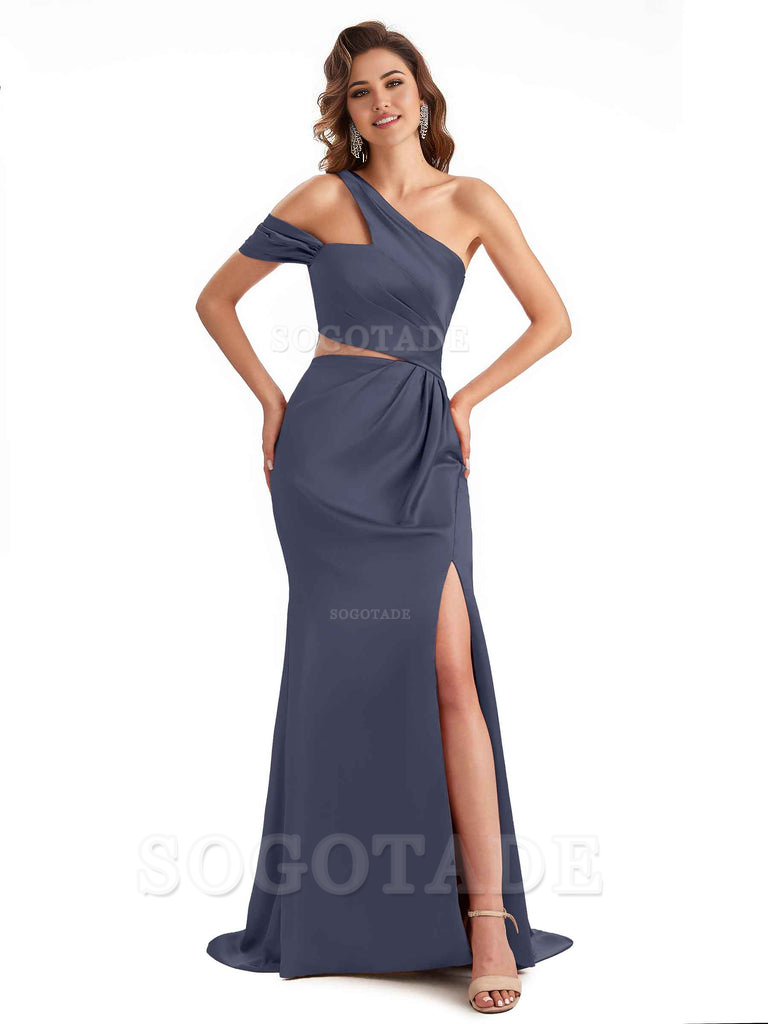 Sexy Side Slit Mermaid Soft Satin One Shoulder Long Unique Bridesmaid Dresses