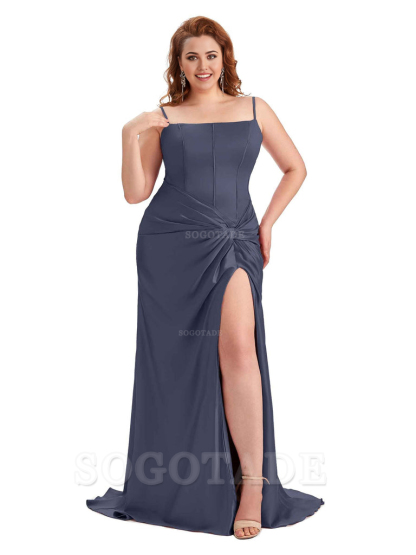 Sexy Spaghetti Straps Side Slit Mermaid Soft Satin Pleated Floor Length Long Plus Size Bridesmaid Dress