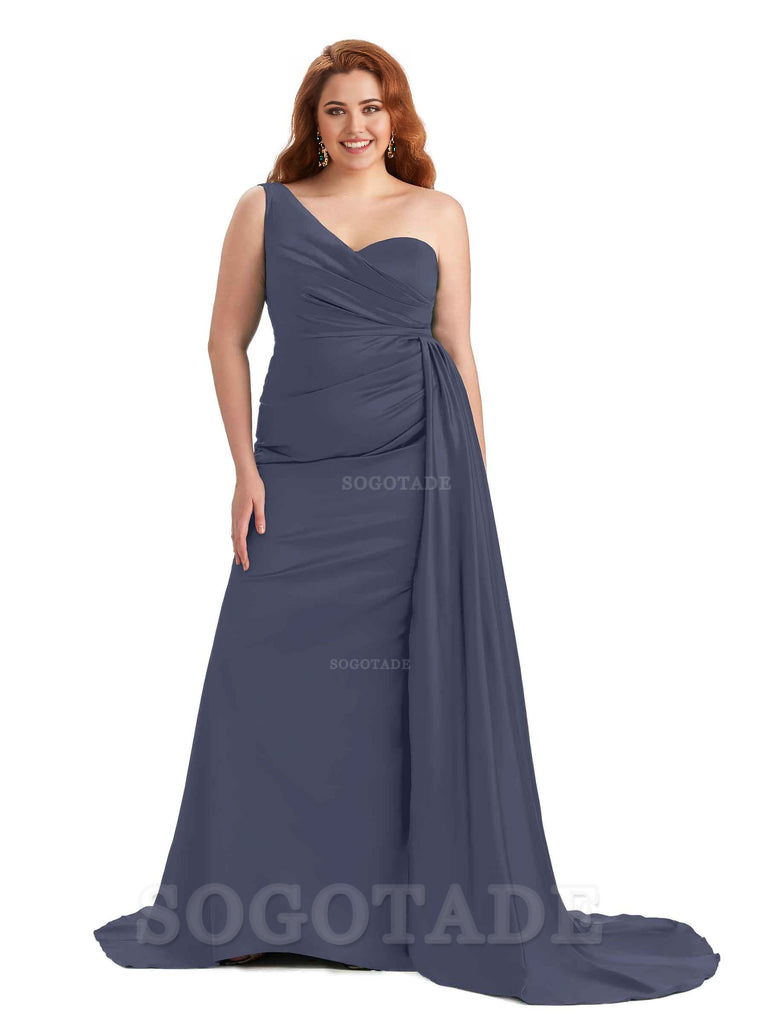 Sexy One Shoulder Sleeveless Mermaid Soft Satin Long Plus Size With Train Bridesmaid Gowns