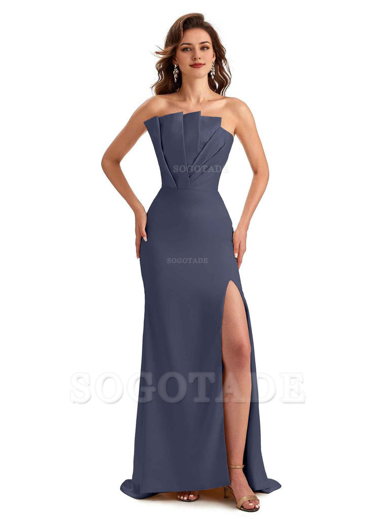 Unique Soft Satin Side Slit Asymmetrical Neckline Mermaid Long Bridesmaid Dresses