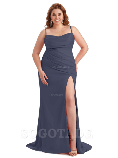 Sexy Side Slit Spaghetti Straps Mermaid Soft Satin Long Plus Size Bridesmaid Dress For Wedding
