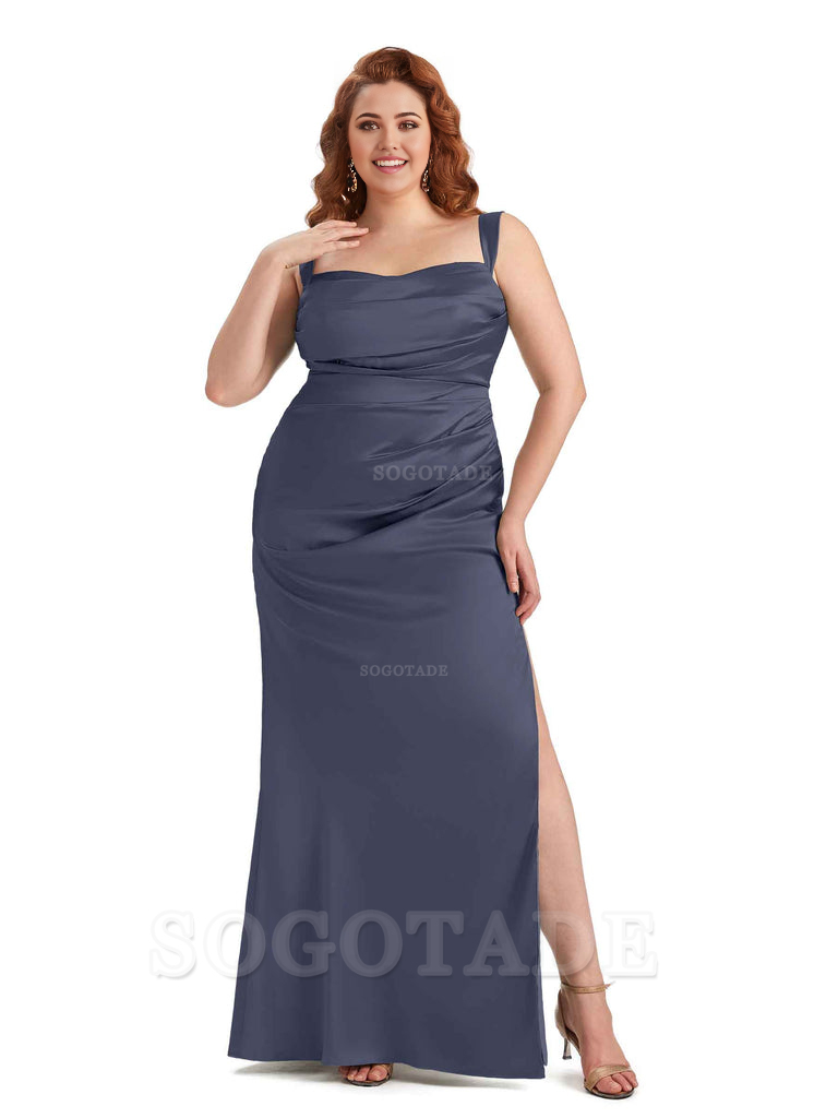 Sexy Side Slit Mermaid Wide Straps Soft Satin Long Plus Size Maid of Bridesmaid Dresses
