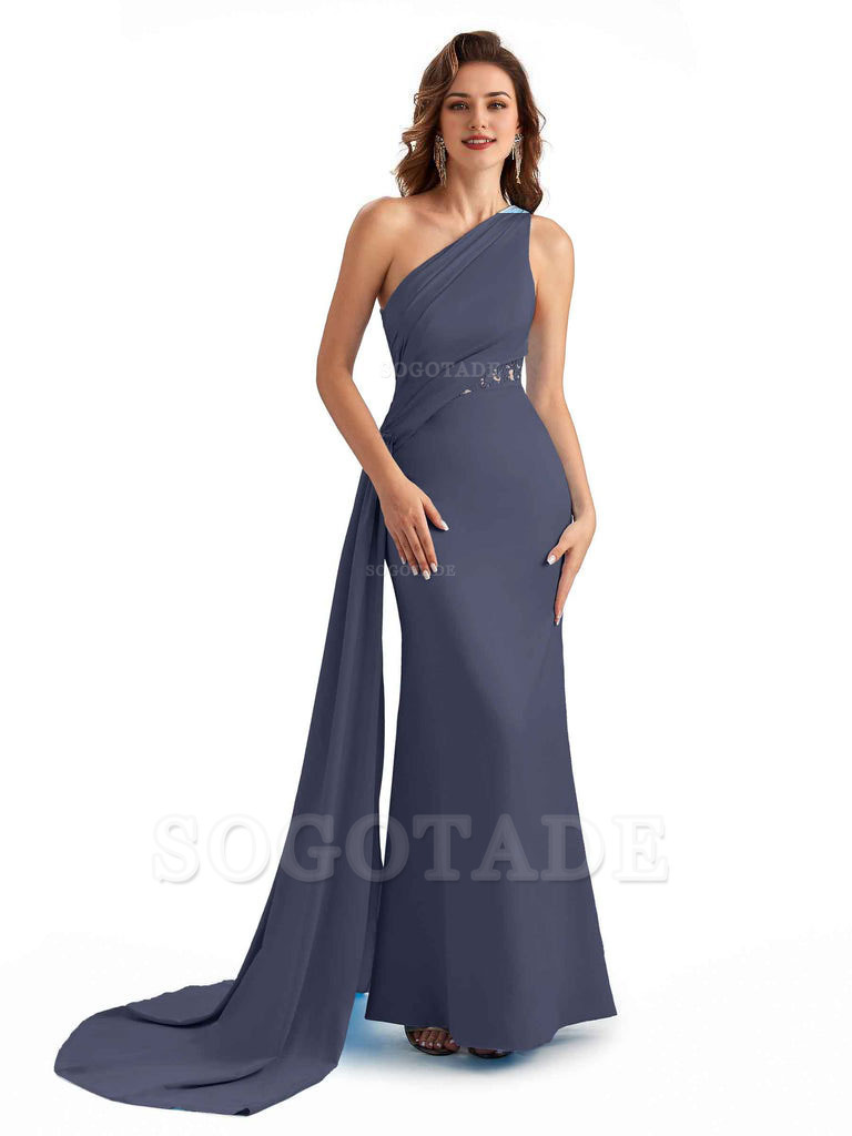 Sexy Mermaid Silky Satin One Shoulder Lace See Through Long Bridesmaid Dresses Online