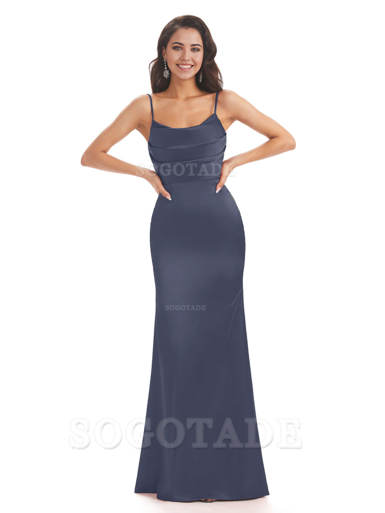 Mermaid Spaghetti Straps Satin formal dresses evening gown Bridesmaid Dresses With Side Slit 