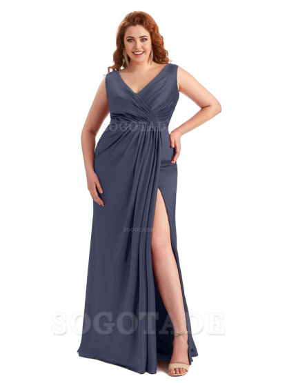 Mermaid V-Neck Satin formal dresses evening gown Bridesmaid Dresses With Side Slit 