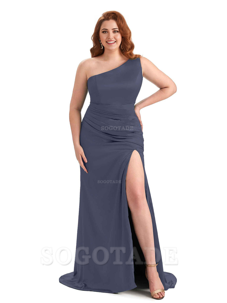 One Shoulder Sexy Side Slit Sleeveless Mermaid Soft Satin Long Plus Size Bridesmaid Dress For Wedding