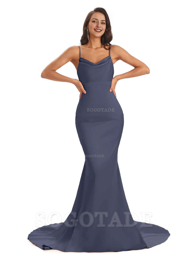 Sexy Backles Soft Satin Spaghetti Straps Maxi Mermaid Bridesmaid Dresses Online prom shop dresses