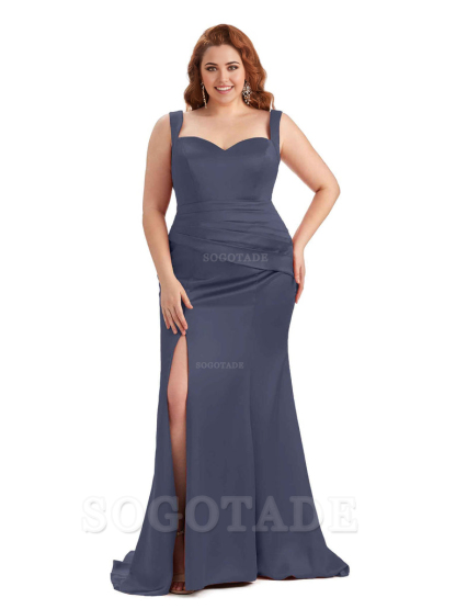 Sexy Side Slit Sleeveless Mermaid Straps Soft Satin Long Plus Size Maid of Bridesmaid Dresses