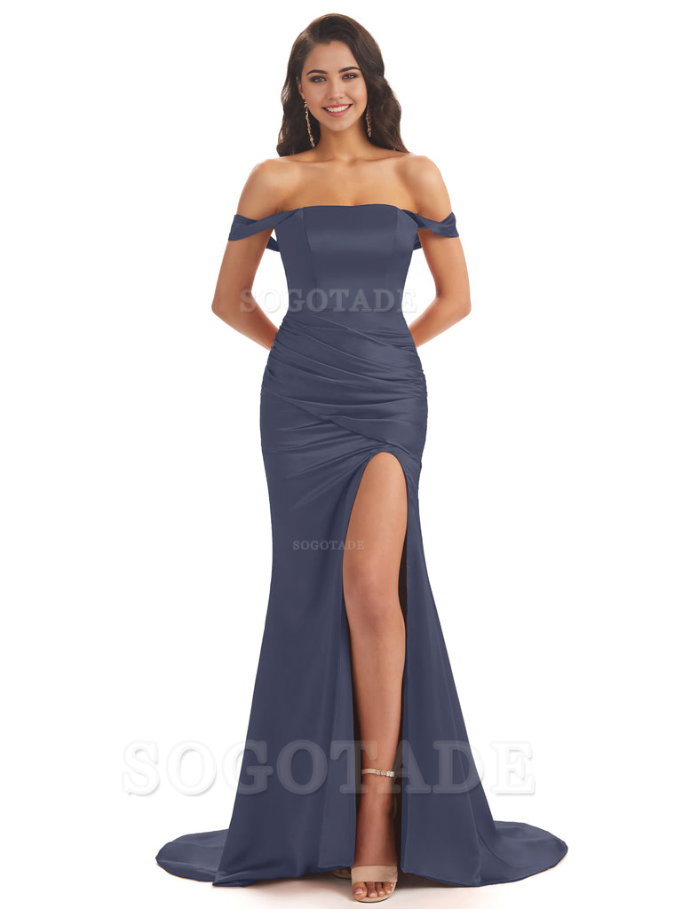 Mermaid Off Shoulder Floor-Length Satin formal dresses evening gown Bridesmaid Dresses With Side Slit 