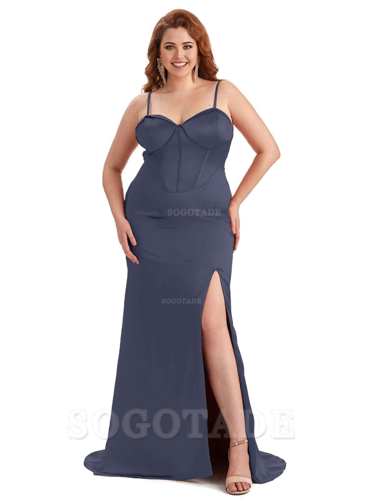 Sexy Spaghetti Straps Side Slit Sleeveless Mermaid Soft Satin Long Bridesmaid Dress Plus Size Dress To Wear to a Wedding