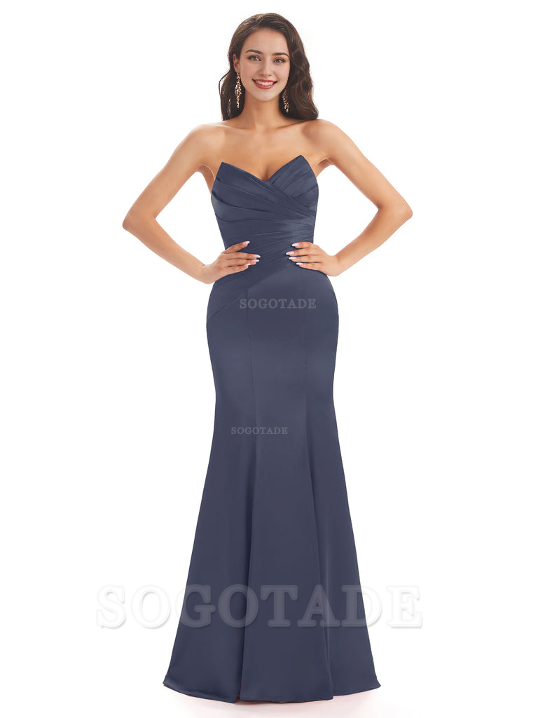 Simple Strapless Sweetheart Soft Satin Mermaid Long Bridesmaid Dresses prom shop dresses