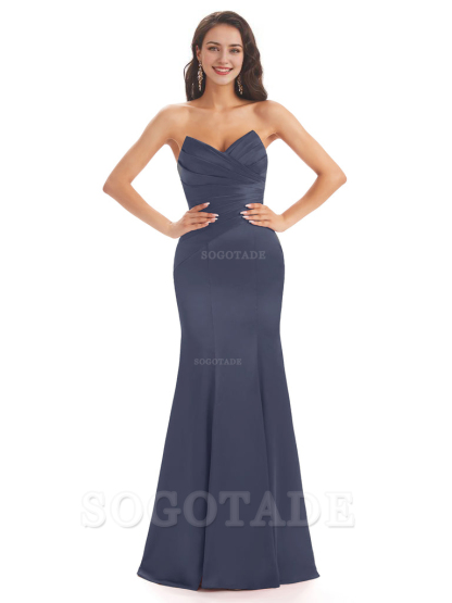 Simple Strapless Sweetheart Soft Satin Mermaid Long Bridesmaid Dresses prom shop dresses