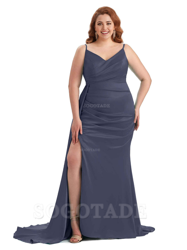 Sexy Side Slit Mermaid Spaghetti Straps V Neck Soft Satin Long Plus Size Maid of Honor Dresses 