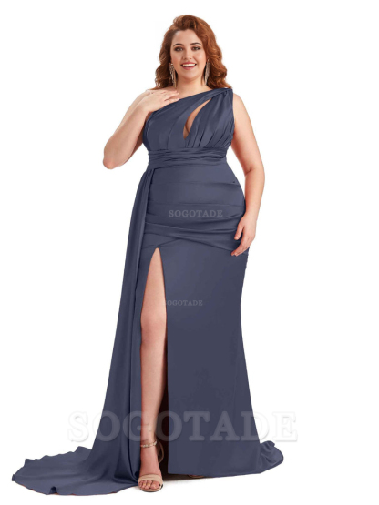 Elegant One Shoulder Side Slit Sleeveless Mermaid Soft Satin Long Plus Size Bridesmaid Dress For Wedding