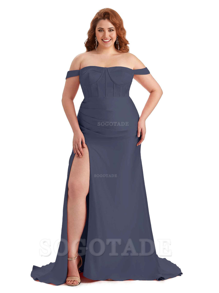 Elegant Off The Shoulder Side Slit Mermaid Soft Satin Floor Length Long Plus Size Bridesmaid Gowns