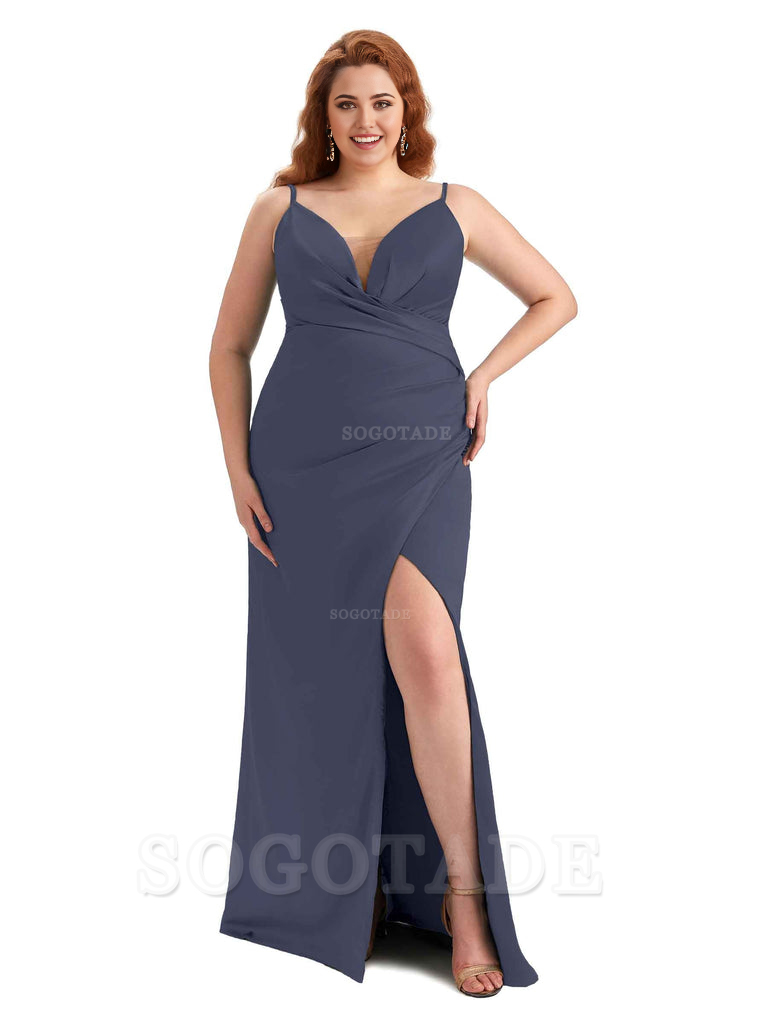 Sexy Side Slit Spaghetti Straps Sleeveless Mermaid V-neck Soft Satin Long Plus Size Bridesmaid Dress For Wedding