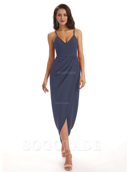 Simple Soft Satin Spaghetti Straps Mermaid Midi Bridesmaid Dresses prom shop dresses