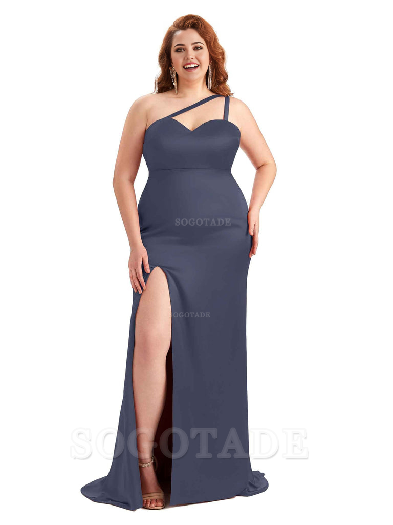 Sexy Side Slit Sleeveless Mermaid One Shoulder Soft Satin Long Plus Size Bridesmaid Dress For Wedding