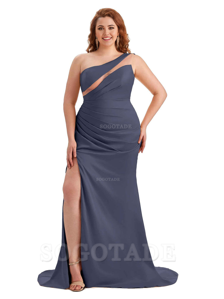 Sexy Unique Sleeveless One Shoulder Side Hight Slit Mermaid Soft Satin Long Plus Size Maid of Honour Dresses