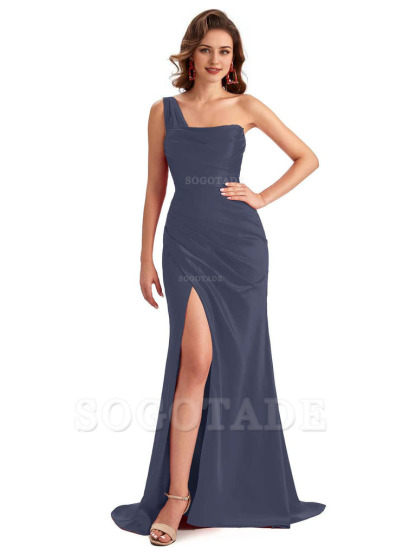 Sexy One Shoulder Side Slit Silky Satin Chic Long Mermaid Trumpet Bridesmaid Dress