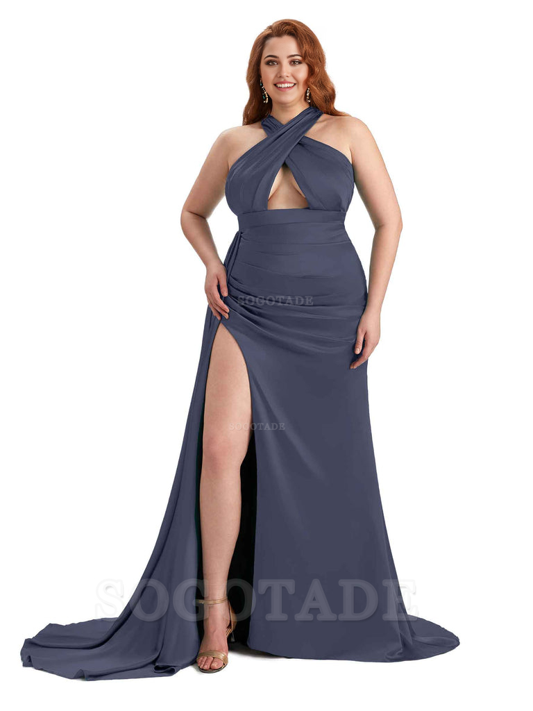 Sexy Halter Side Hight Slit Sleeveless Mermaid Soft Satin Long Plus Size Bridesmaid Dress For Wedding