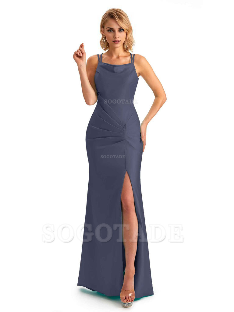 Soft Satin Spaghetti Straps Side Slit Long Unique Mermaid Beautiful Dresses For Wedding