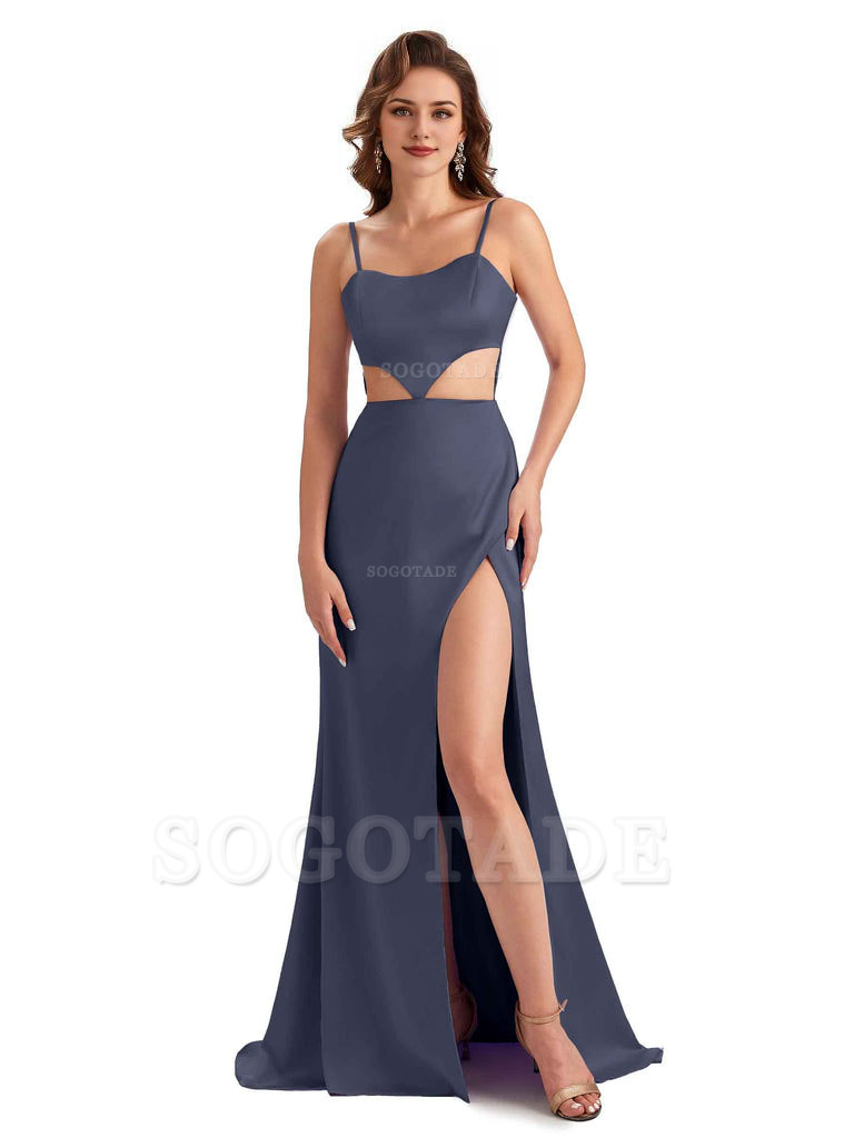 Sexy Satin Side Slit Spaghetti Straps Mermaid Long Unique Curve Wedding Guest Dresses