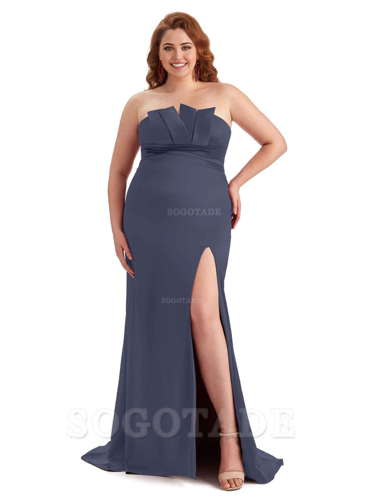 Sexy Side Slit Sleeveless Mermaid Soft Satin Long Plus Size Wedding Party Dresses For Wedding