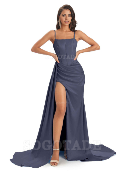 Spaghetti Straps Floor-Length Satin formal dresses evening gown Bridesmaid Dresses With Side Slit 