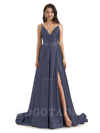 Spaghetti Straps Satin formal dresses evening gown Bridesmaid Dresses With Side Slit 