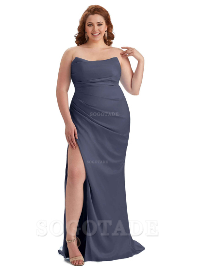 Sexy Side Slit Sleeveless Strapless Mermaid Soft Satin Long Plus Size Bridesmaid Dresses For Wedding