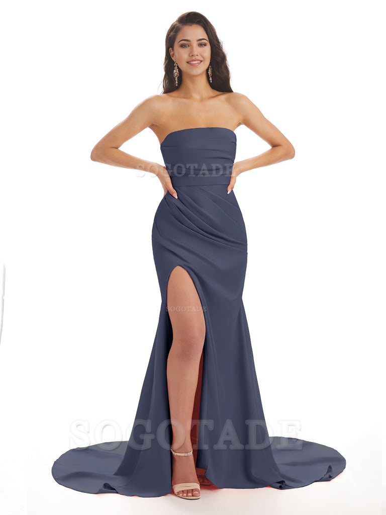 Mermaid Strapless Floor-Length Satin formal dresses evening gown Bridesmaid Dresses With Side Slit 