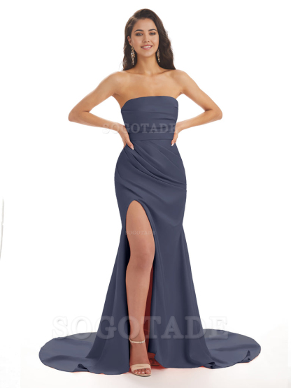 Mermaid Strapless Floor-Length Satin formal dresses evening gown Bridesmaid Dresses With Side Slit 