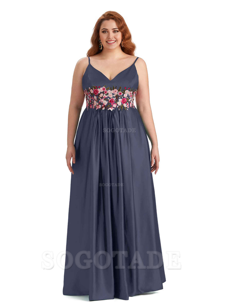 Unique Lace Spaghetti Straps Sleeveless Soft Satin Long Plus Size Bridesmaid Dress For Wedding