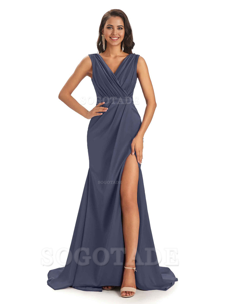 A-line V-neck Floor-Length Satin formal dresses evening gown Bridesmaid Dresses With Side Slit 
