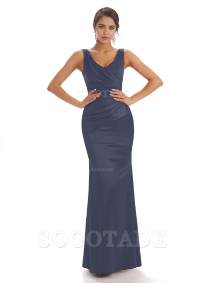Sheath Sleeveless V-neck Floor-Length Satin formal dresses evening gown Bridesmaid Dresses With Pleats 