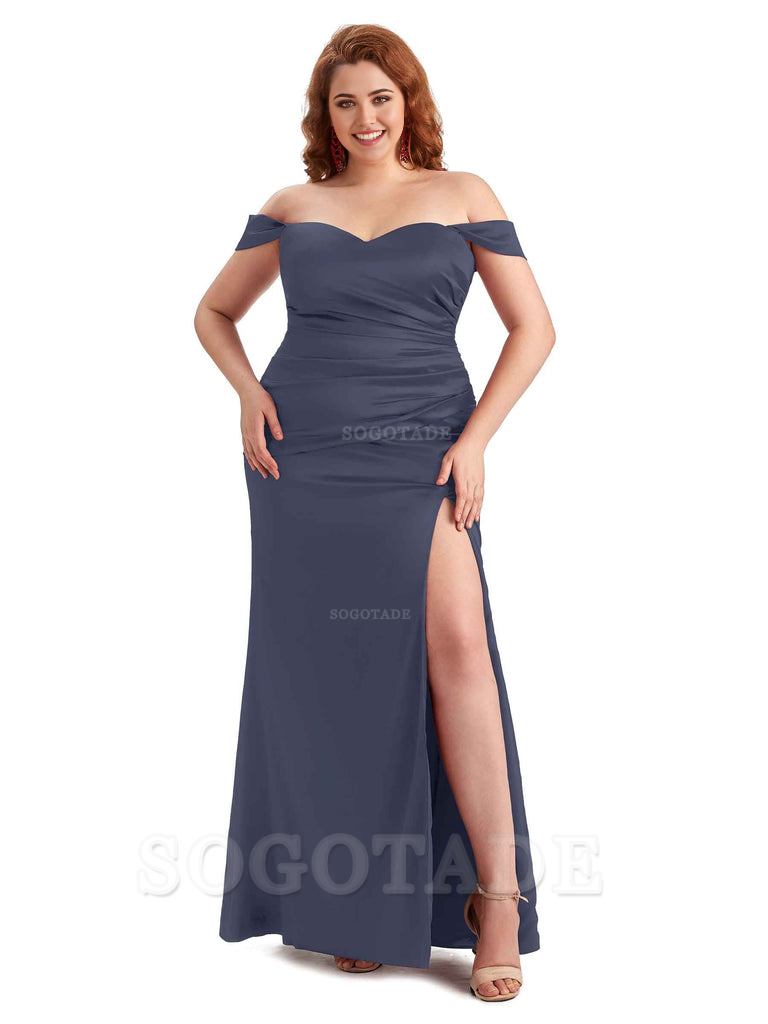 Sexy Off The Shoulder Sleeveless Side Slit Mermaid Soft Satin Long Plus Size Bridesmaid Dresses