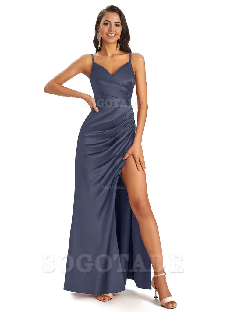 Sheath V-Neck Spaghetti Straps formal dresses evening gown Bridesmaid Dresses With Side Slit 