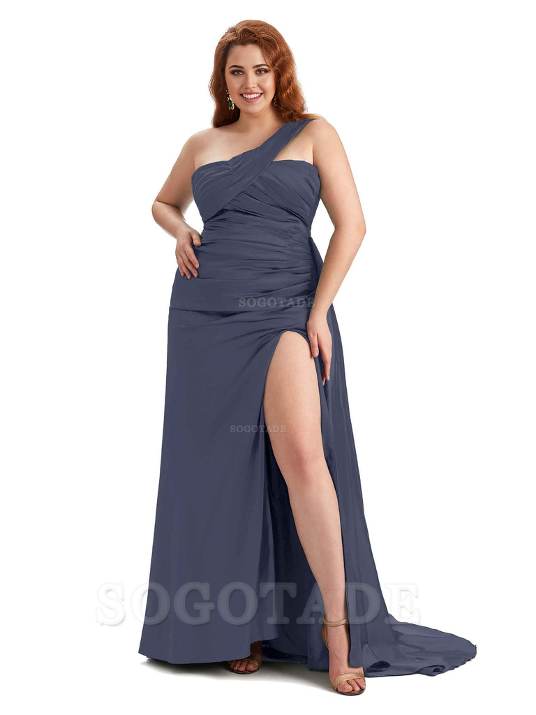  One Shoulder Sleeveless Sexy Side Hight Slit Mermaid Soft Satin Long Plus Size Bridesmaid Gowns