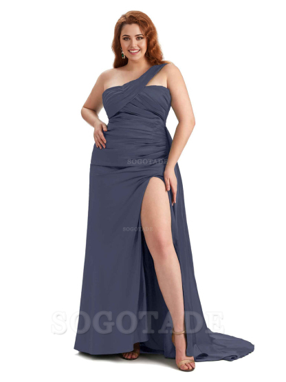  One Shoulder Sleeveless Sexy Side Hight Slit Mermaid Soft Satin Long Plus Size Bridesmaid Gowns