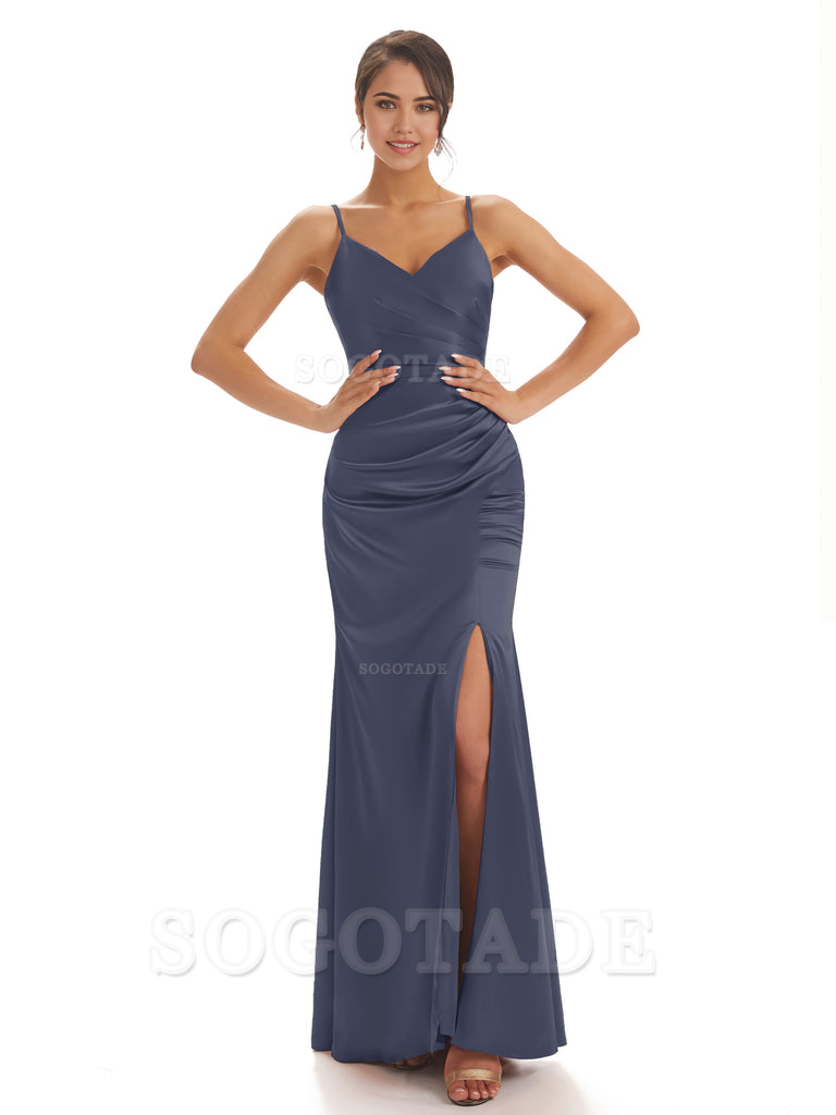 Spaghetti Straps Pleats Satin formal dresses evening gown Bridesmaid Dresses With Side Slit 